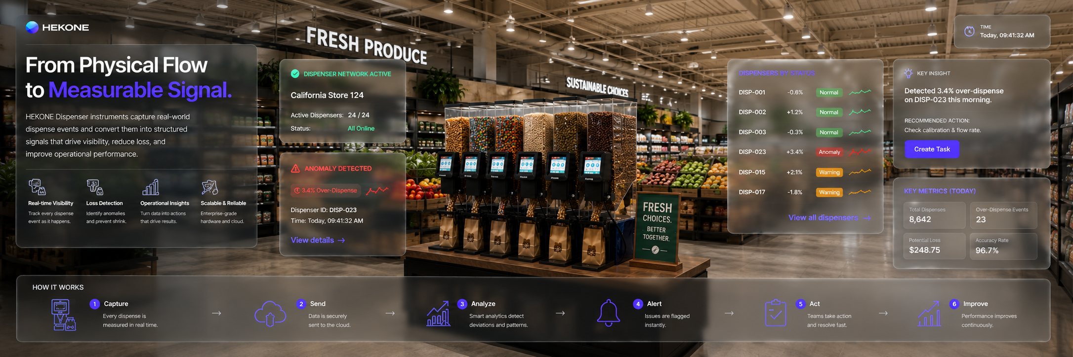 HEKONE Smart Dispenser product overview in a retail store with real-time dispenser visibility and glass dashboard cards