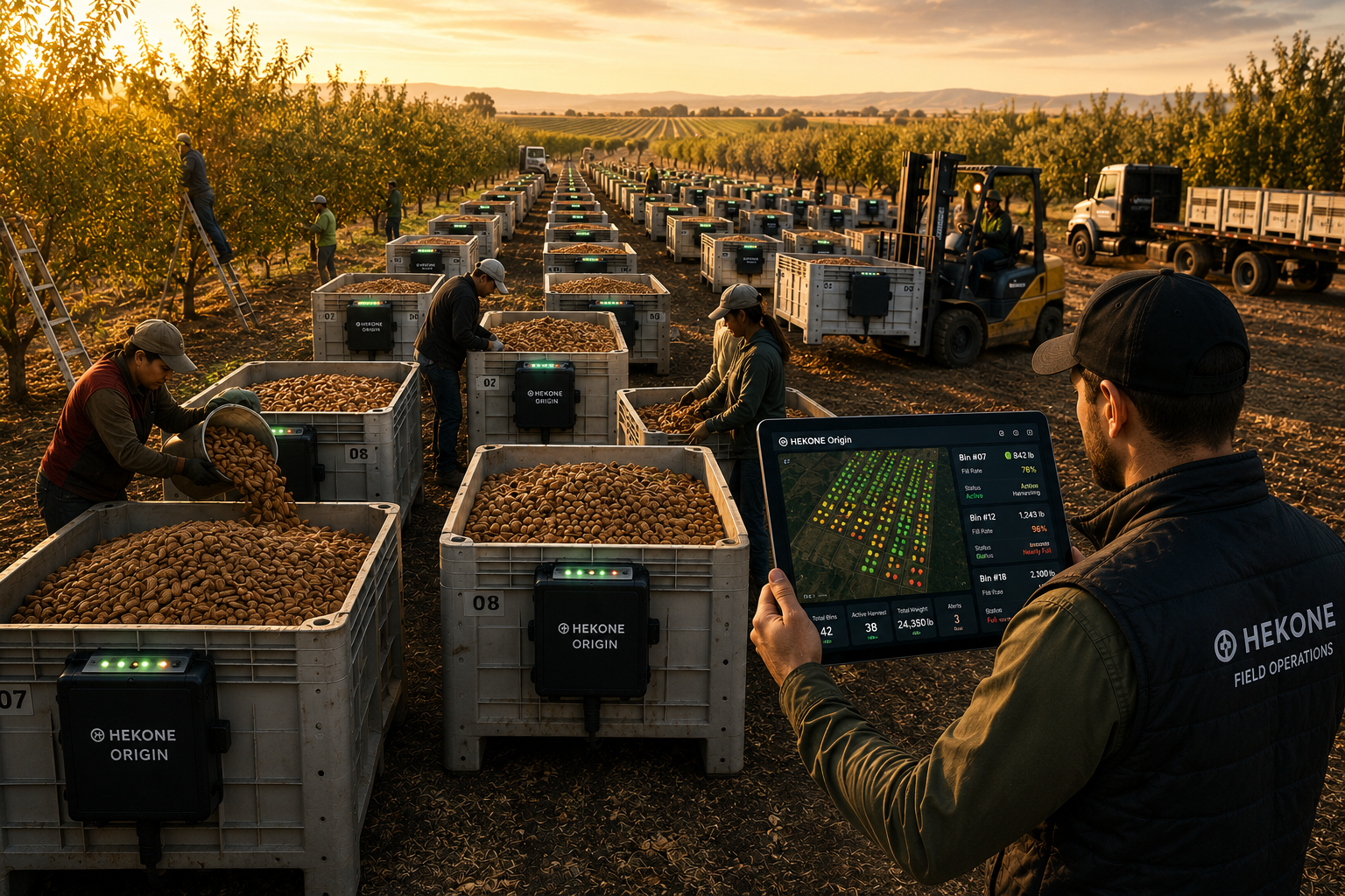 HEKONE Origin field deployment vision with smart harvest bins and live field operations dashboard