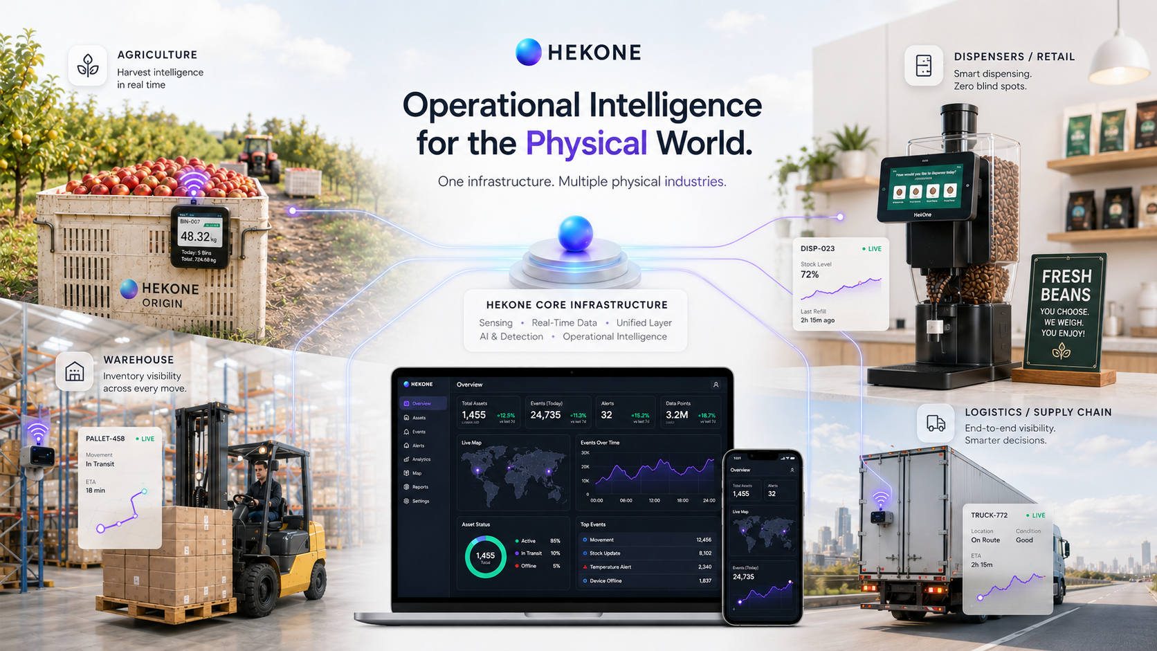 HEKONE operational intelligence platform across agriculture, dispensers, warehouse, and supply chain
