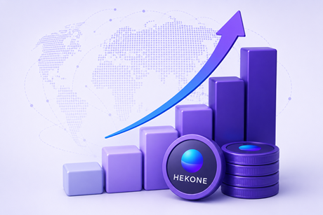 HEKONE investment growth visual with rising chart, global network, and branded coin
