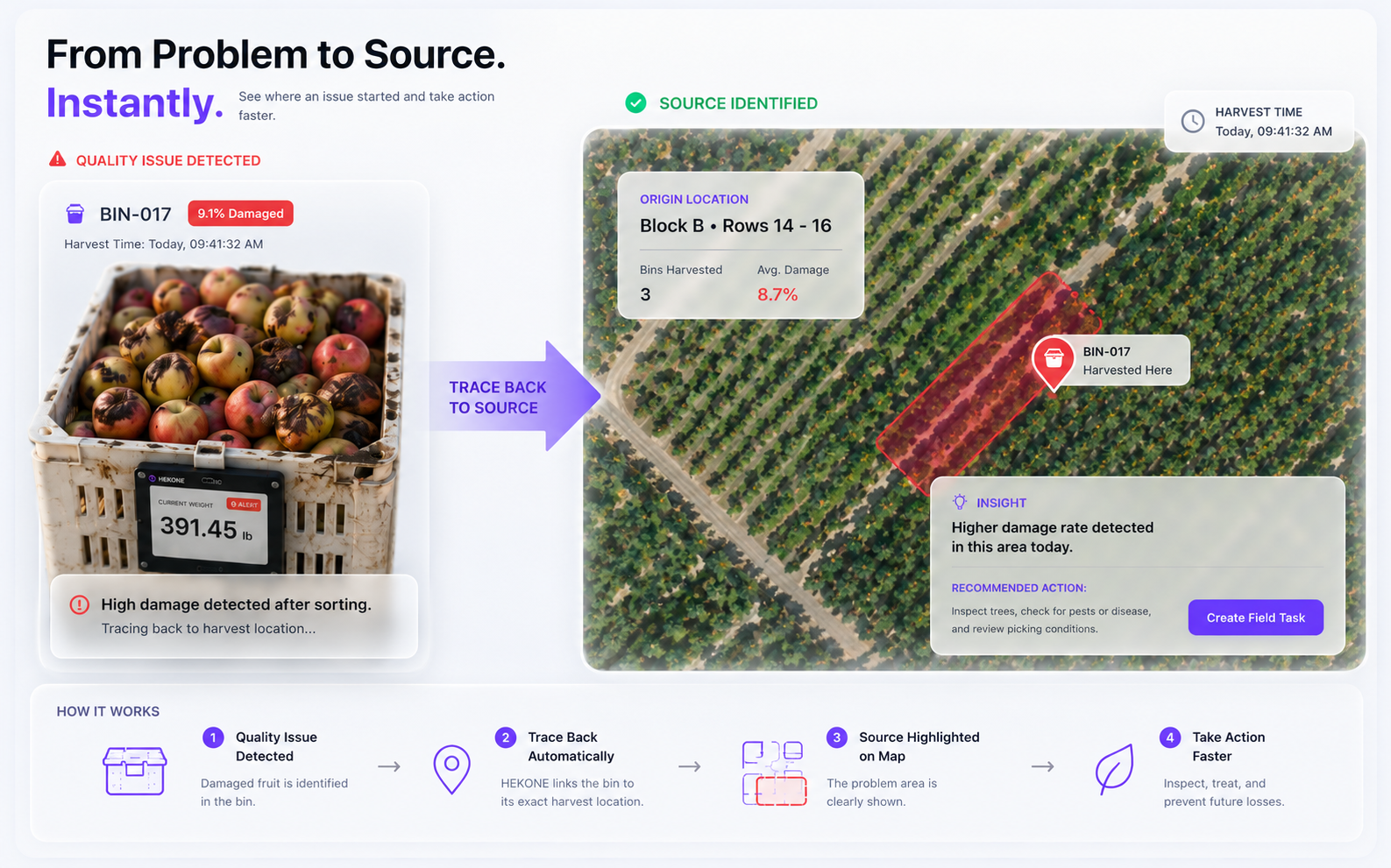 HEKONE Origin traceability view showing damaged fruit traced back to source block