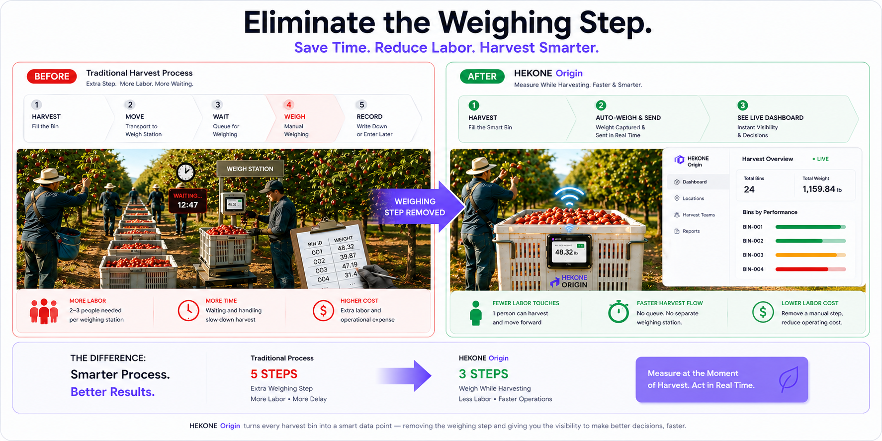 Comparison showing traditional harvest process versus HEKONE Origin with the weighing step eliminated