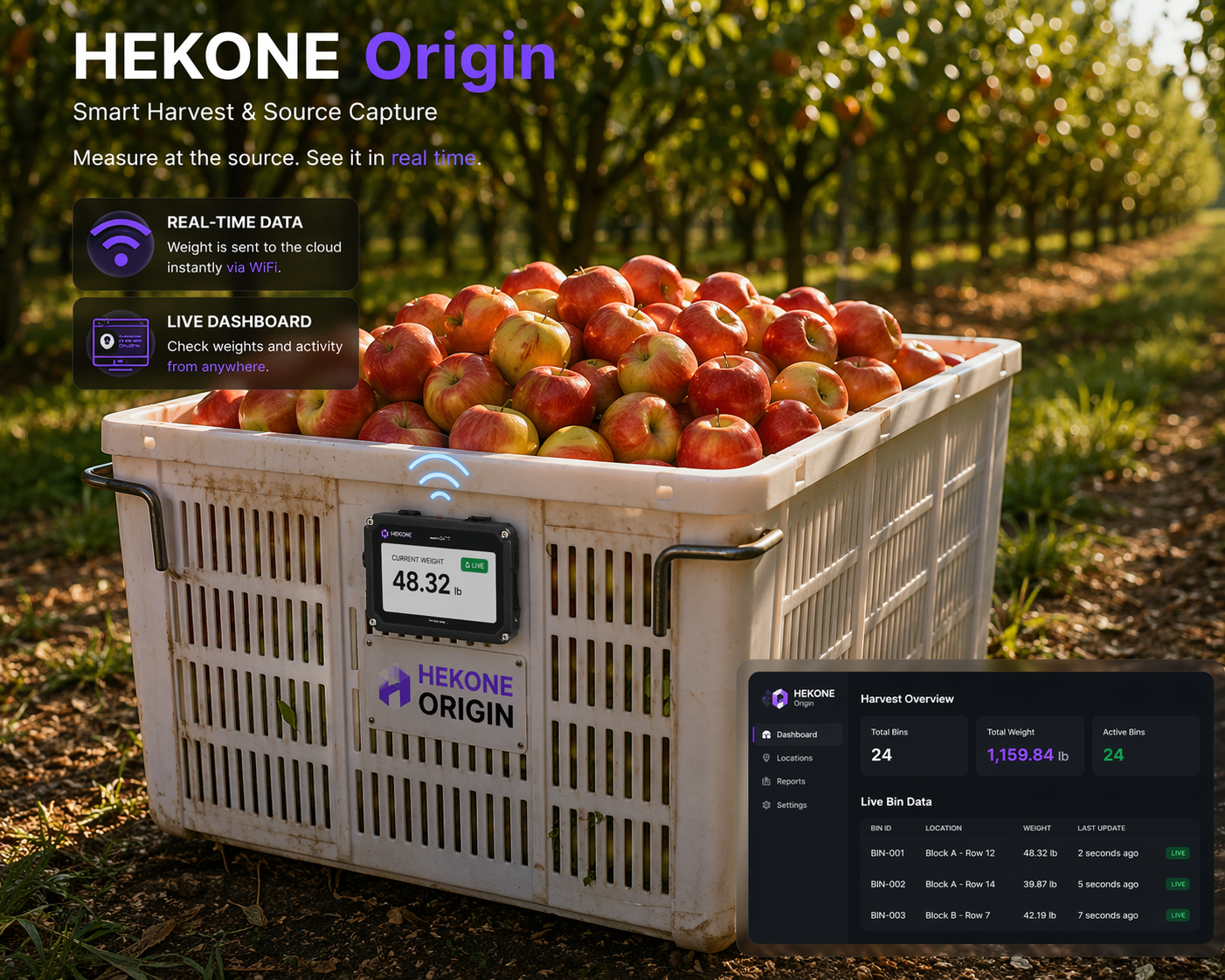 HEKONE Origin smart harvest bin with live weight display and dashboard