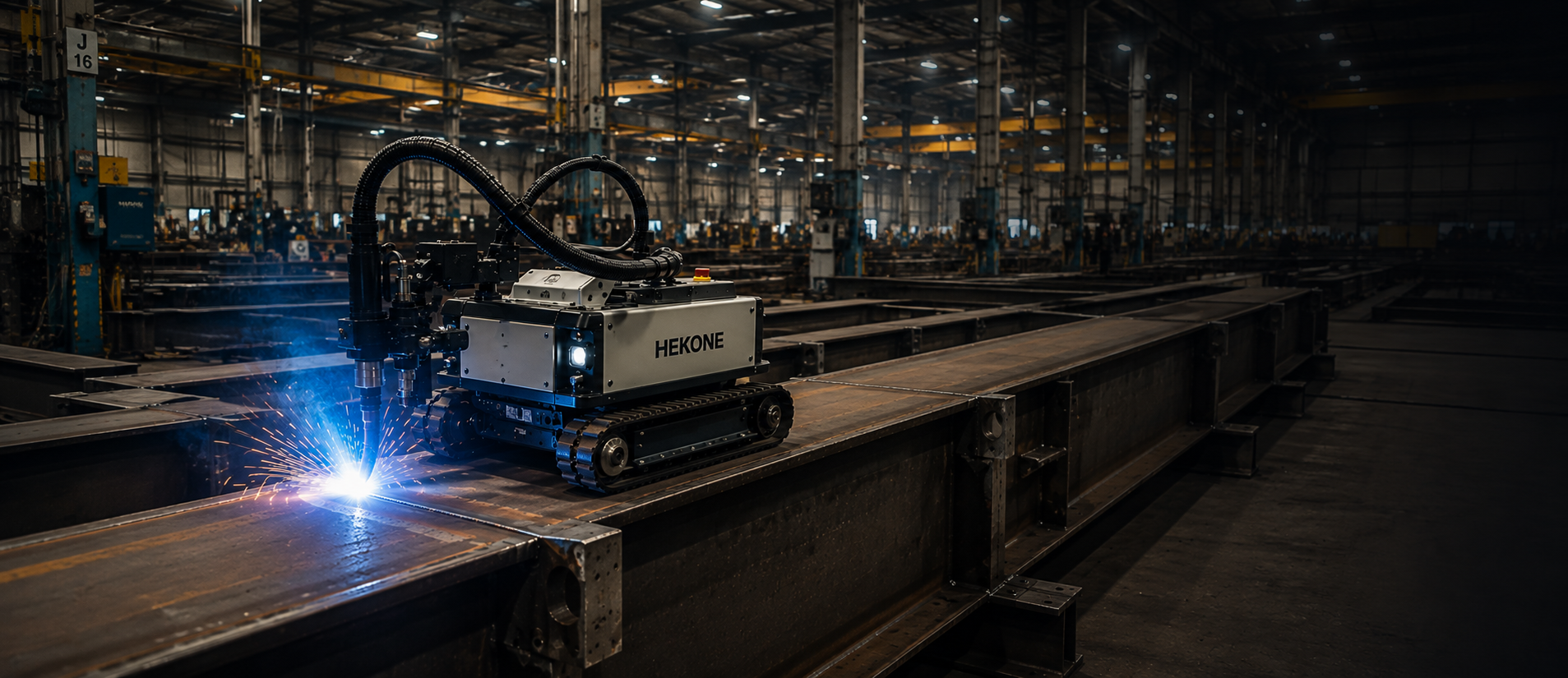 HEKONE custom mobile welding robot operating on a large steel structure