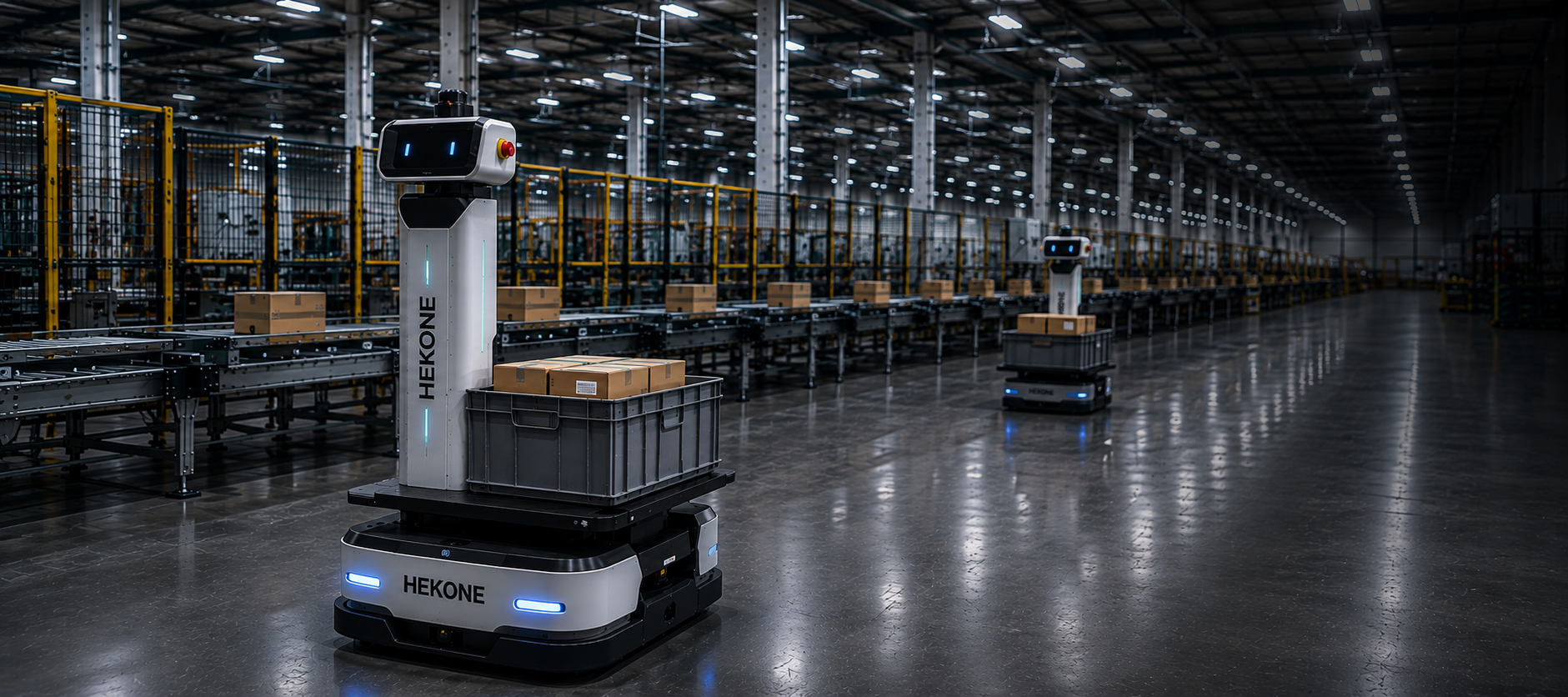 HEKONE autonomous mobile robot transporting materials through a modern factory