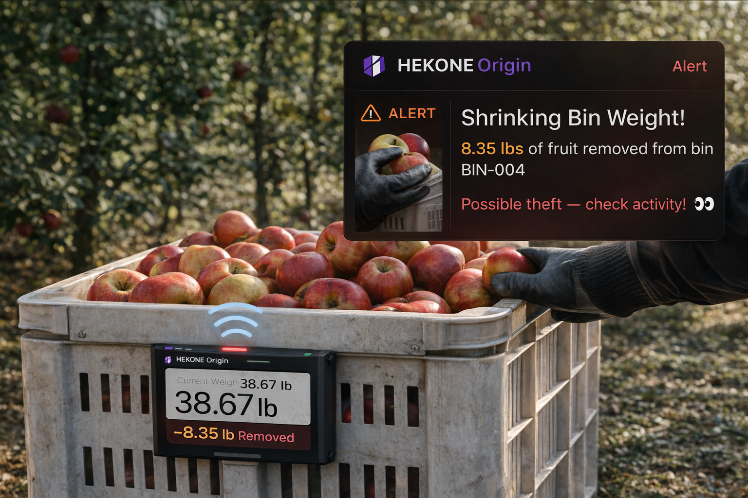 HEKONE Origin alert interface showing unexpected bin weight loss and possible theft detection