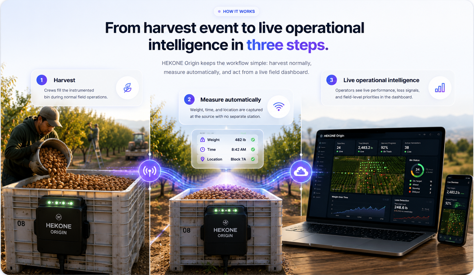 HEKONE Origin workflow from harvest event to automatic measurement and live operational intelligence